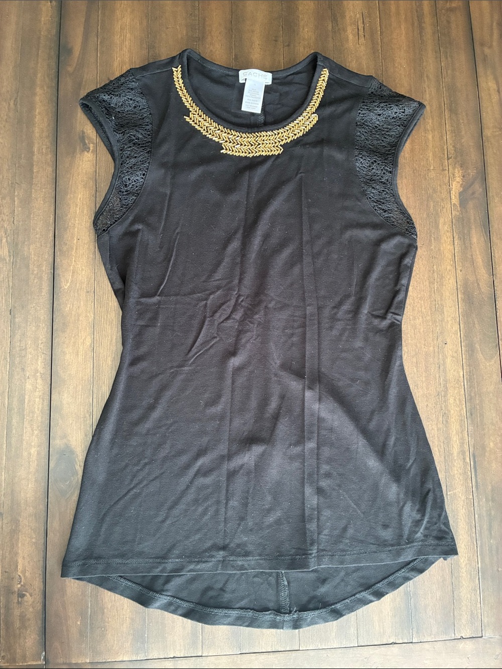 Cache Black Lace Cap-Sleeve Tank with Gold Necklace Trim